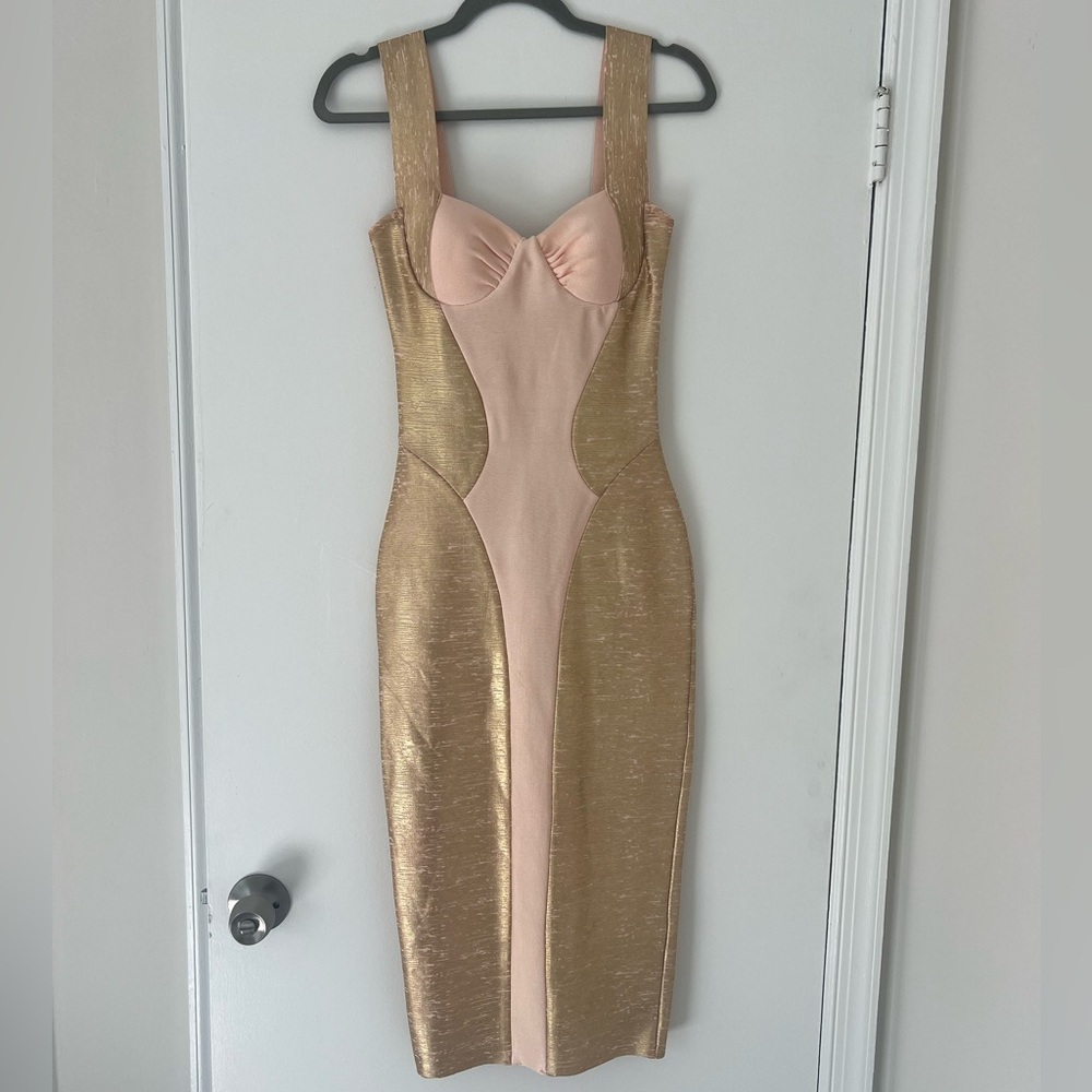 Bella Barnett Gold and Beige Bodycon Dress Small